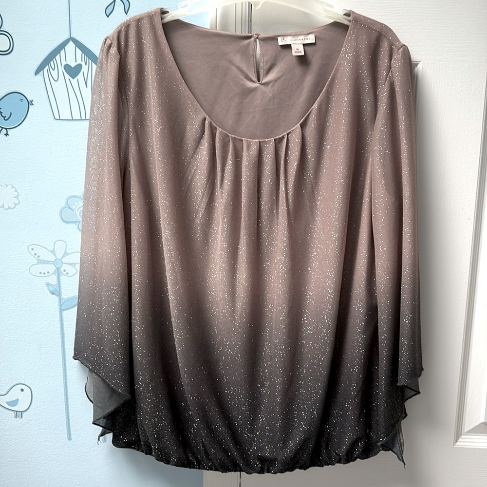 CB Established 1962 Beige-Black Party Sparkly Glitter Blouse Top Kimono Sleeves